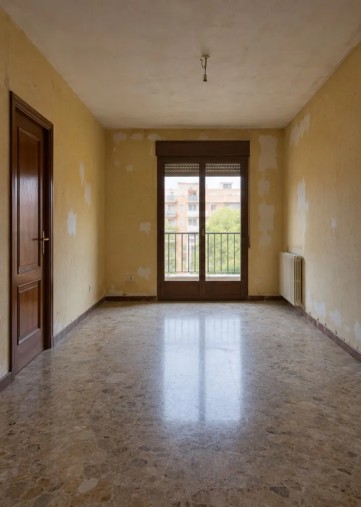 Habitación con la pintura envejecida y desconchada antes de la reforma