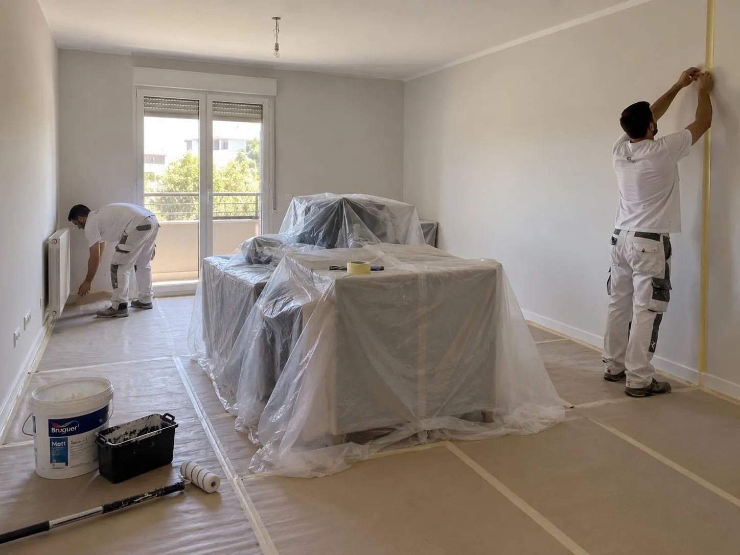 El equipo encintando y protegiendo un salón antes de empezar a pintar