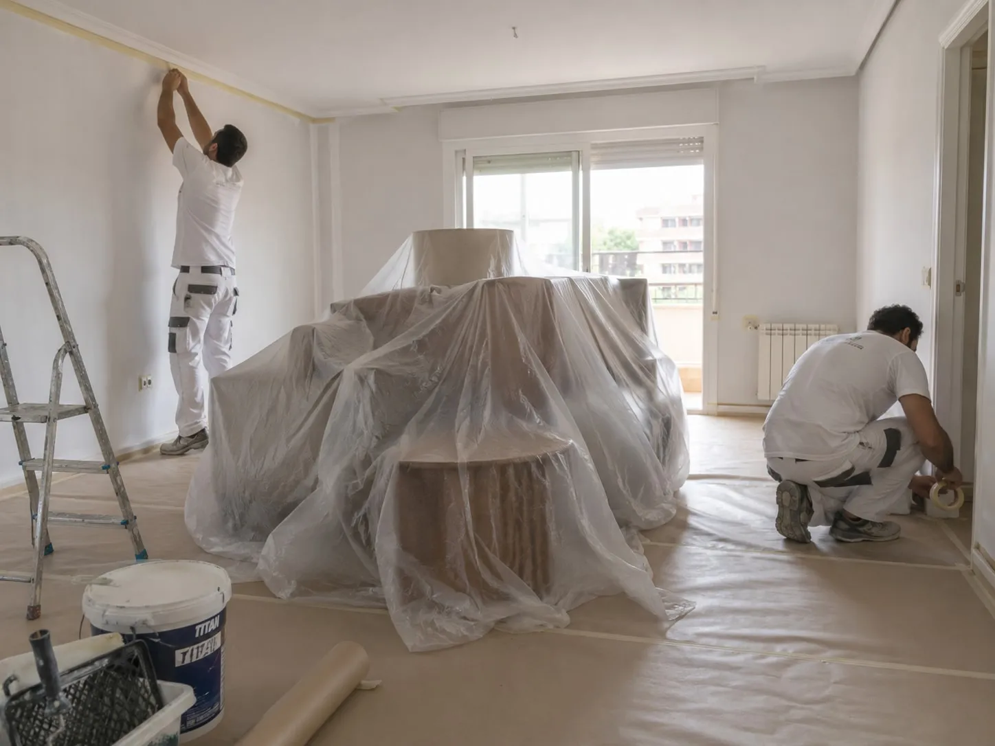 El equipo protegiendo con plástico los muebles de un salón antes de pintar