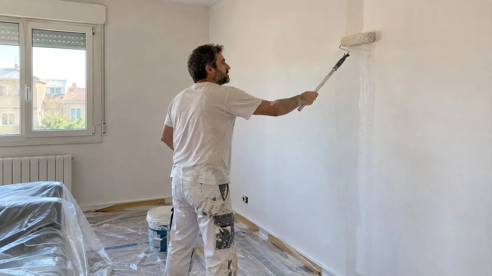Pintor aplicando pintura blanca con rodillo en el salón de una vivienda